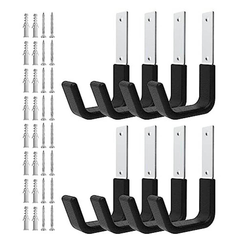 8-pack black U-shaped wall hooks with white mounting plates for small items