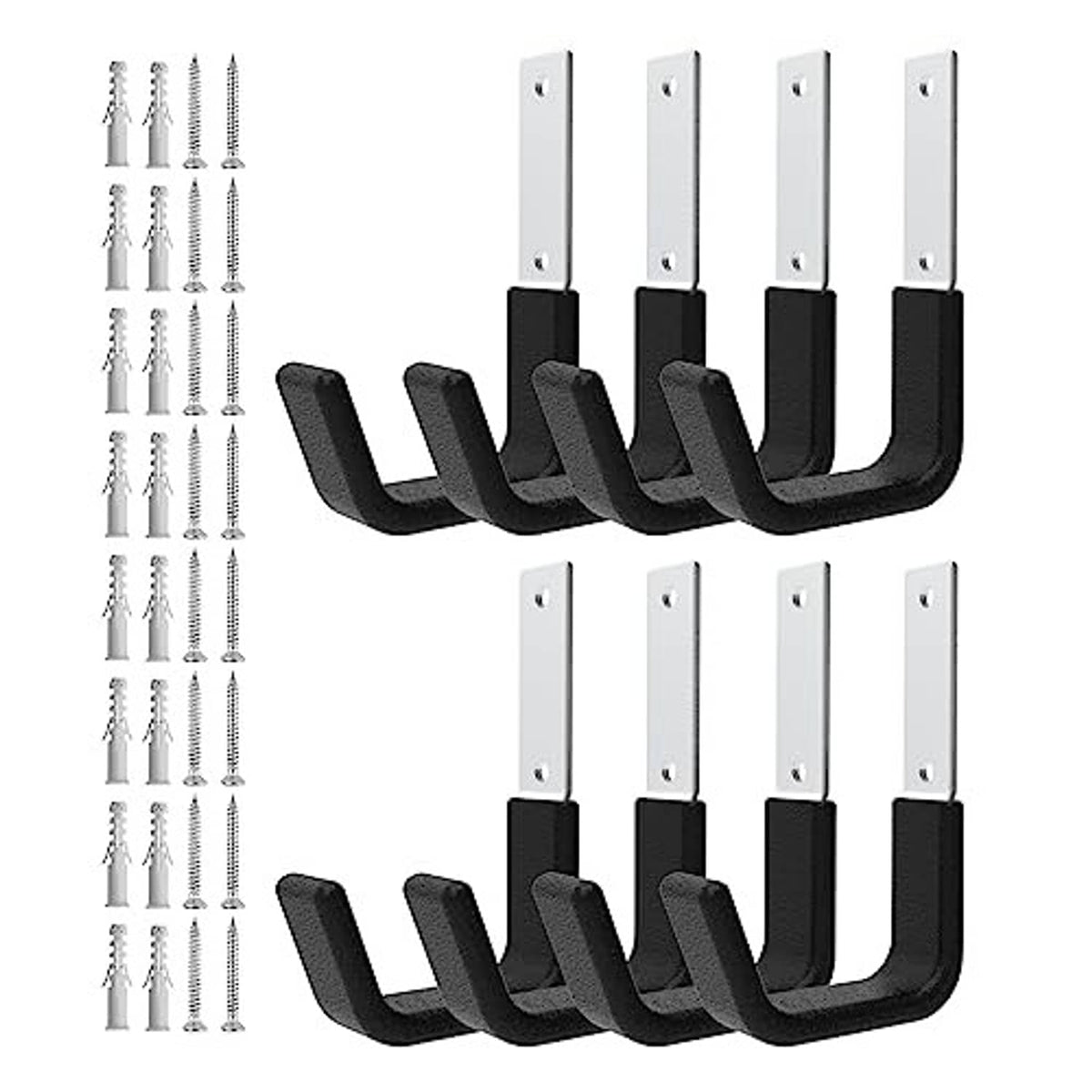 8-pack black U-shaped wall hooks with white mounting plates for small items