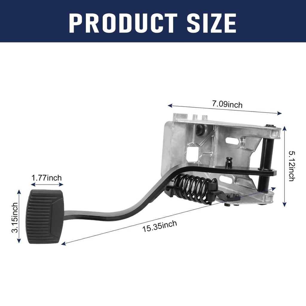 Clutch pedal assembly with long curved arm, metal bracket, and black rubber pedal pad