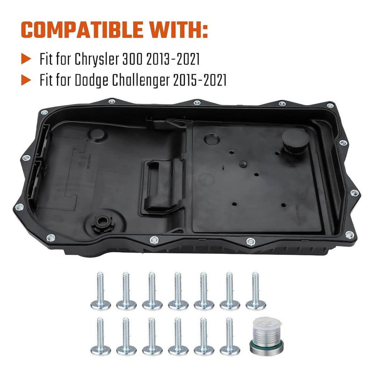 Black automatic transmission oil pan with attached mounting studs and fasteners