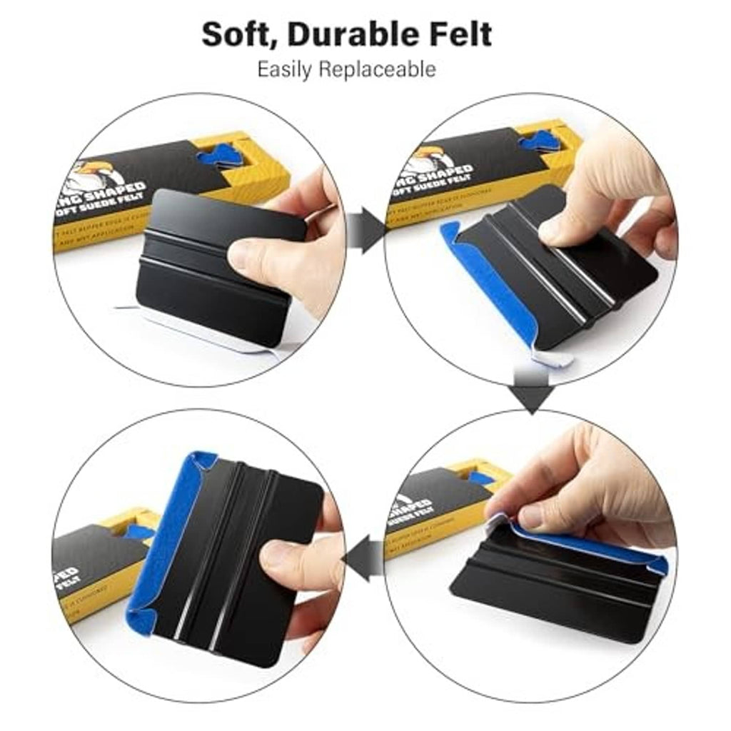 Blue wing-shaped felt buffer pads pressed onto a black squeegee, multi-step view