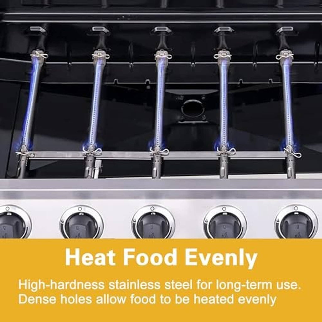 Stainless steel burner tubes installed under grill hood with four control knobs