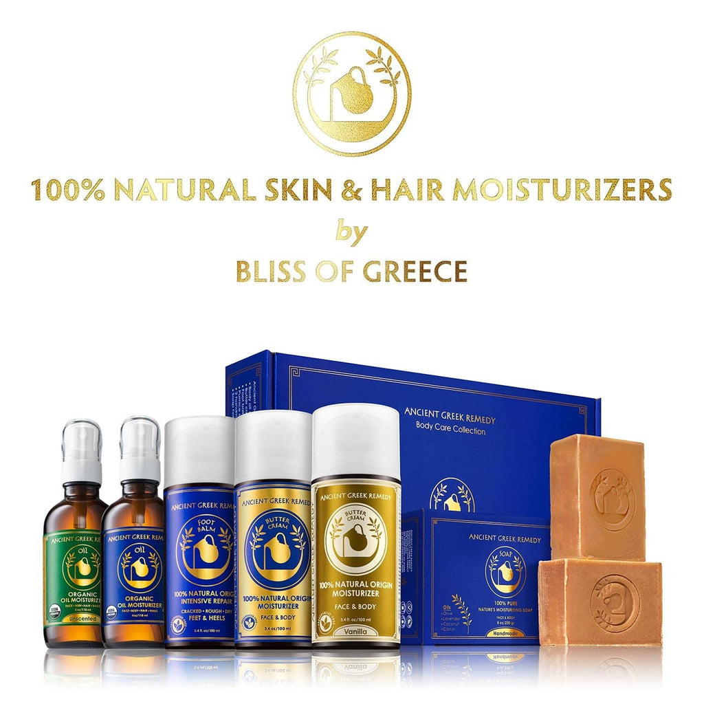 Assorted Bliss of Greece moisturizers set with bottles and bar soaps.