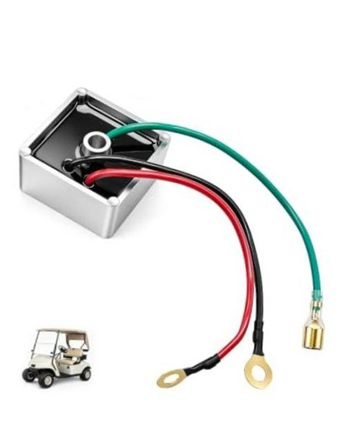Voltage regulator with metal casing and attached red, green, and black battery wires