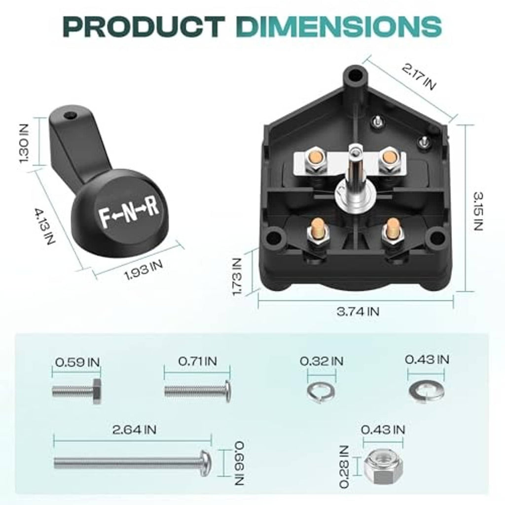 Black forward-reverse switch with F-N-R handle and product dimension diagram