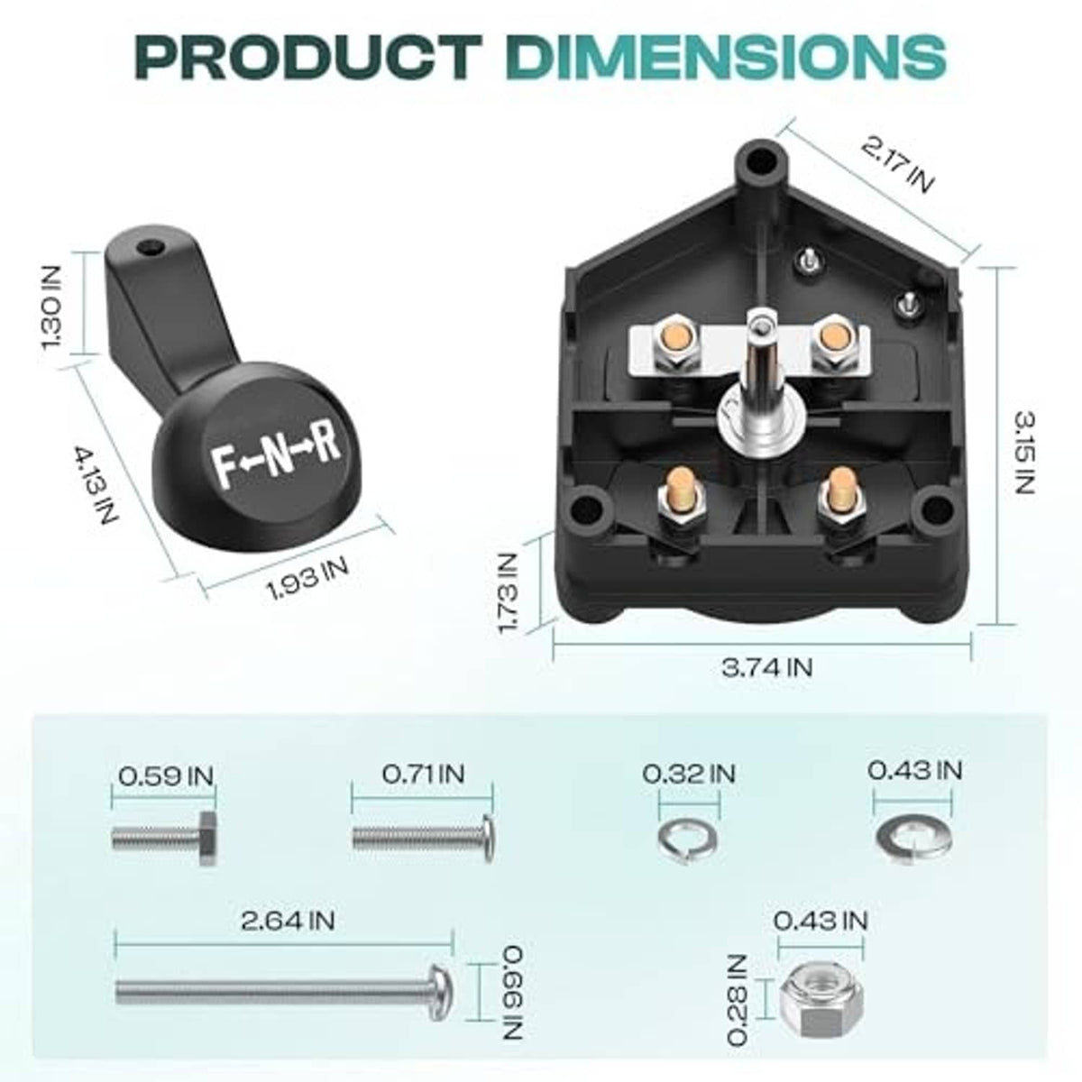 Black forward-reverse switch with F-N-R handle and product dimension diagram