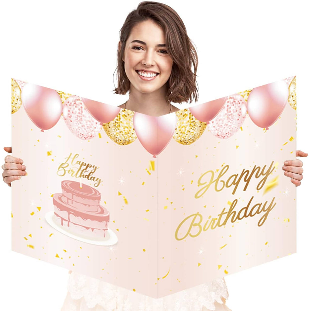 Jumbo birthday card with rose gold Happy Birthday, cake and balloons on wide sheet