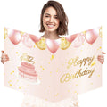 Jumbo birthday card with rose gold Happy Birthday, cake and balloons on wide sheet