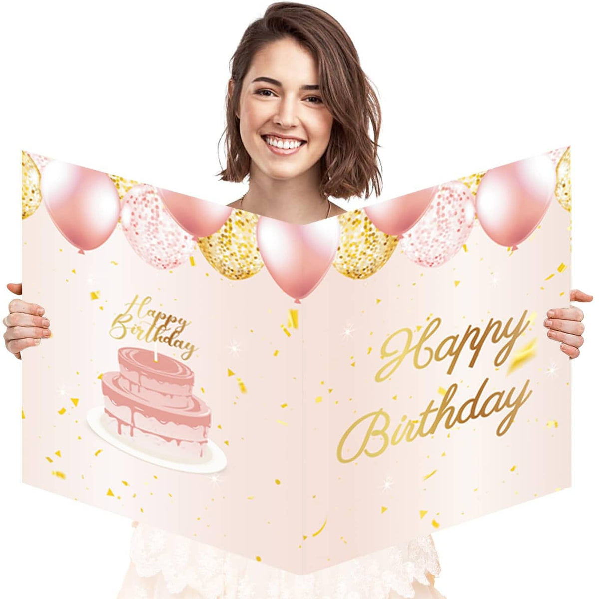 Jumbo birthday card with rose gold Happy Birthday, cake and balloons on wide sheet