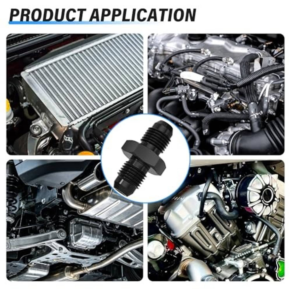 Black straight male-to-male AN pipe adapter fitted on a vehicle engine hose connection