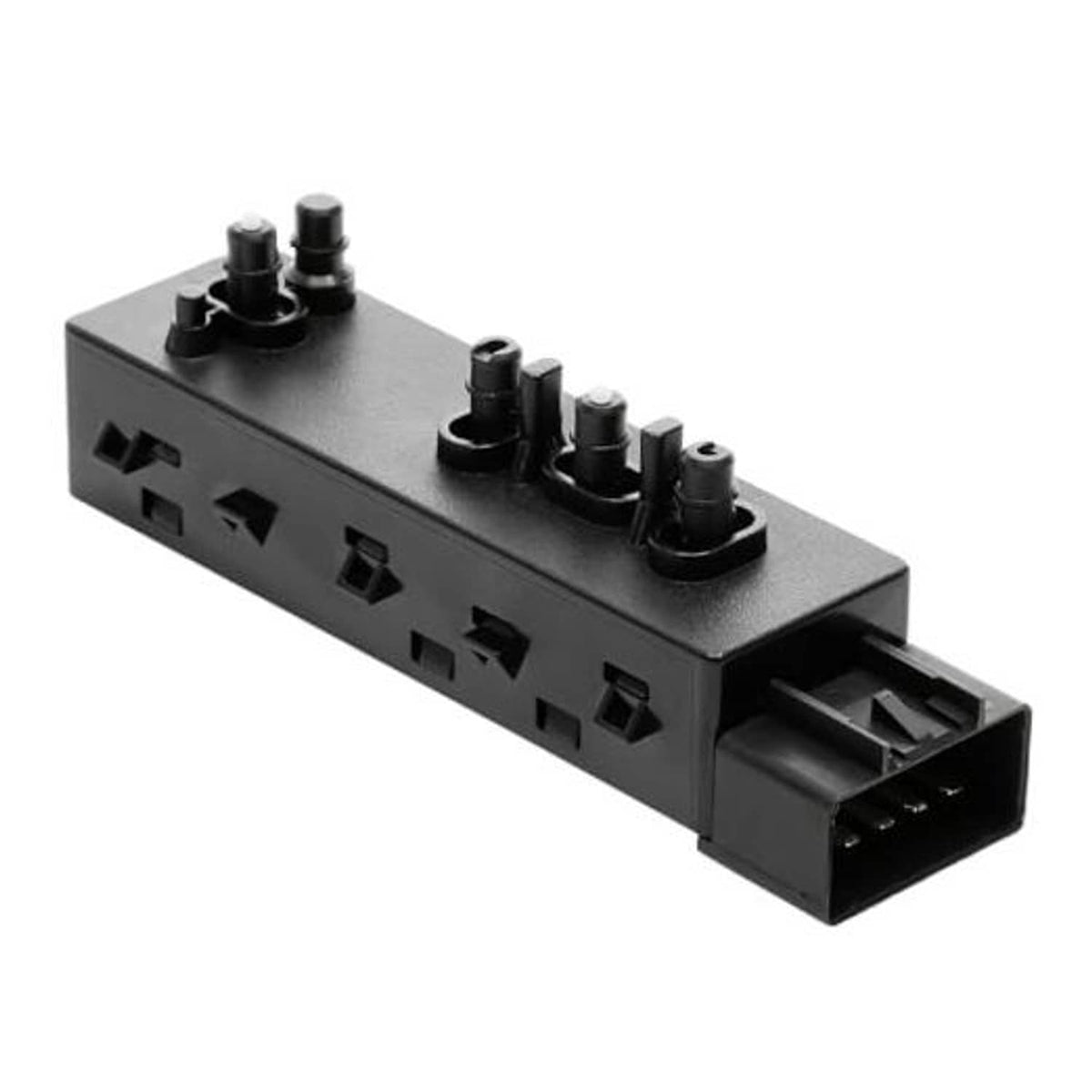 Power seat control switch module with multi-pin connector and button posts