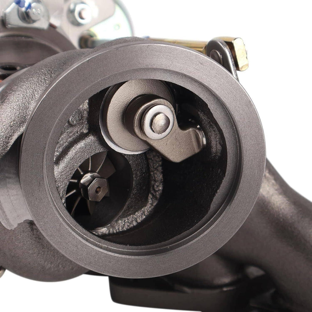 Turbocharger compressor wheel and turbine housing close-up