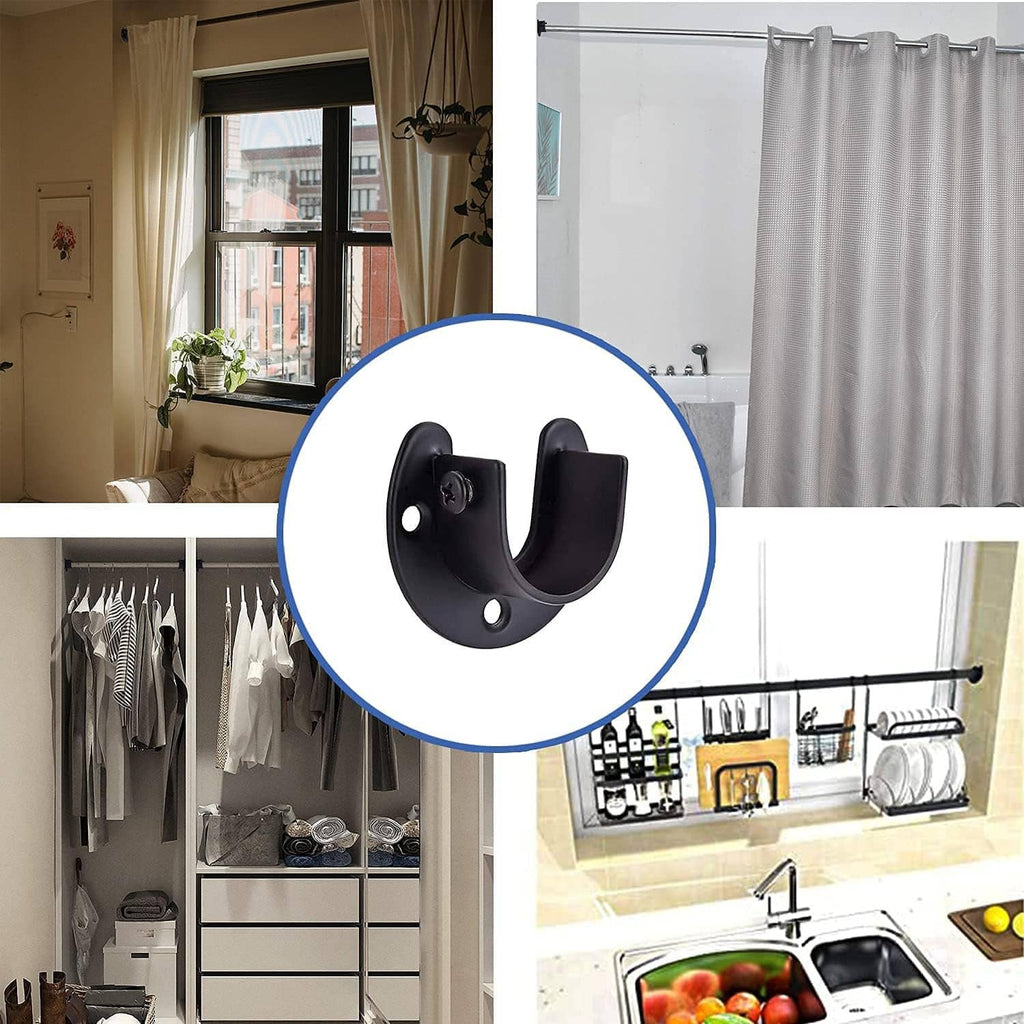 Black U-shaped closet rod bracket attached to a closet rod above hanging items