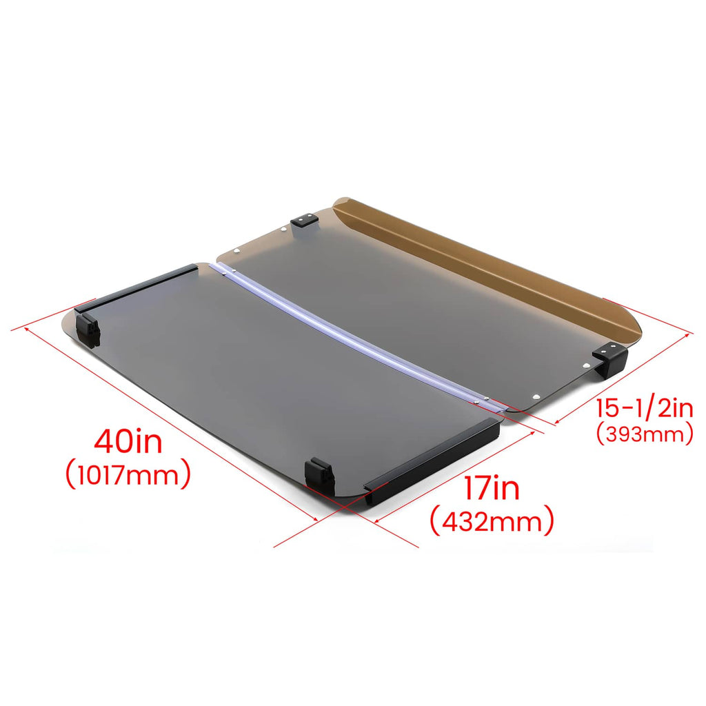 Fold-down tinted windshield windscreen with black corners and mounting points