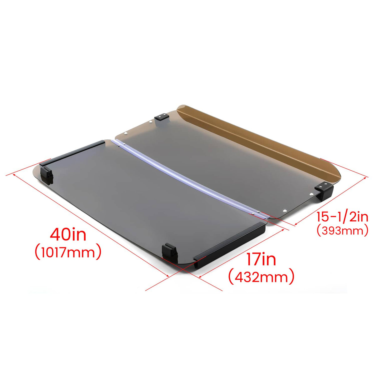 Fold-down tinted windshield windscreen with black corners and mounting points