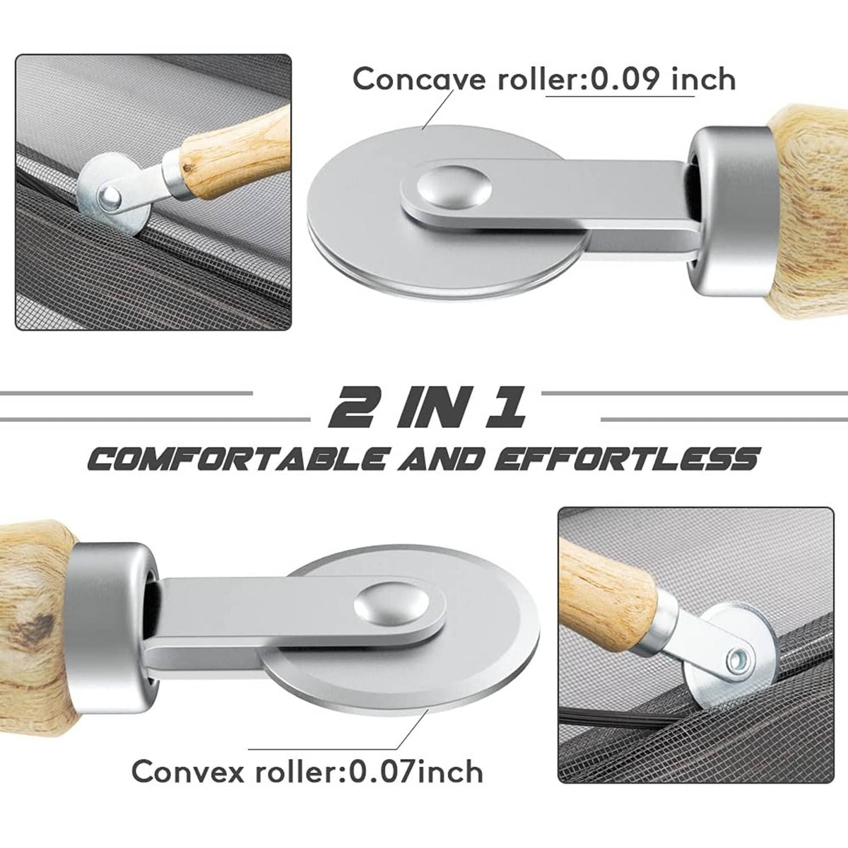 2-in-1 screen roller tool with concave and convex heads for fiberglass mesh
