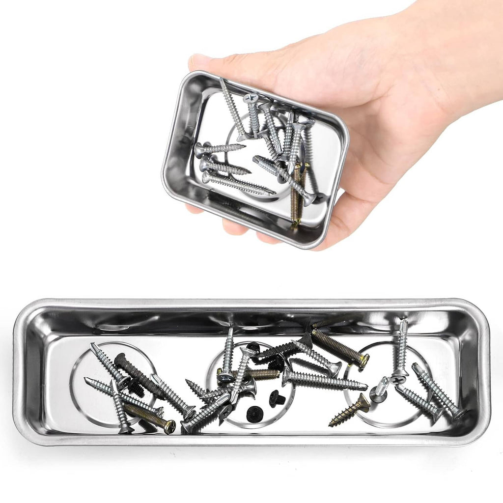 Small stainless steel magnetic parts tray held in hand with assorted screws