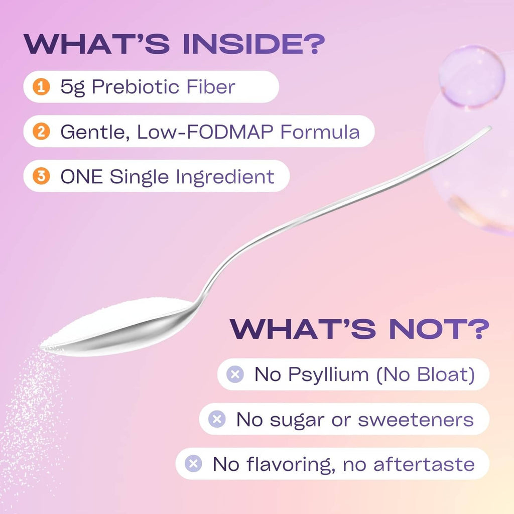Measuring spoon with prebiotic fiber powder over product benefits callouts