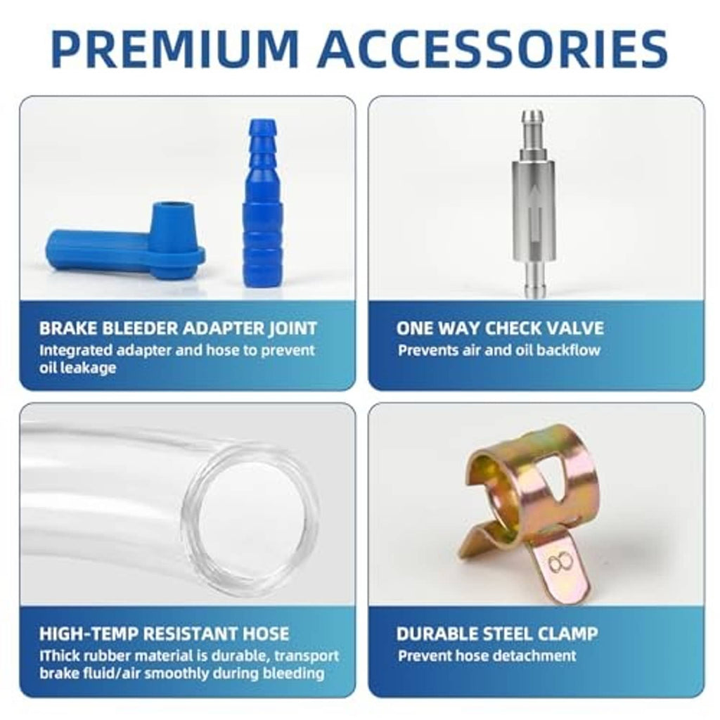 Brake bleeder accessory set: blue adaptors, one-way check valve, clear hose, steel clamp