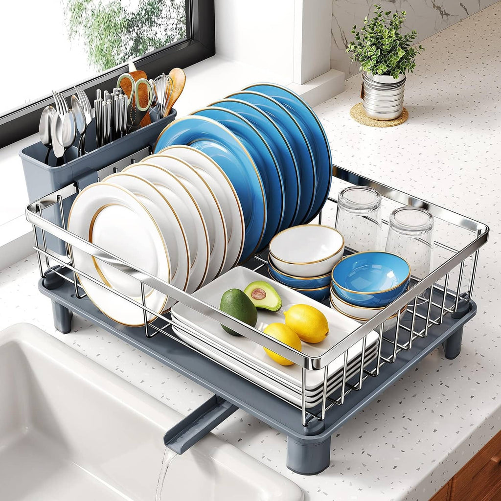 Small silver dish drying rack with wire shelf and side utensil holder