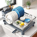 Small silver dish drying rack with wire shelf and side utensil holder