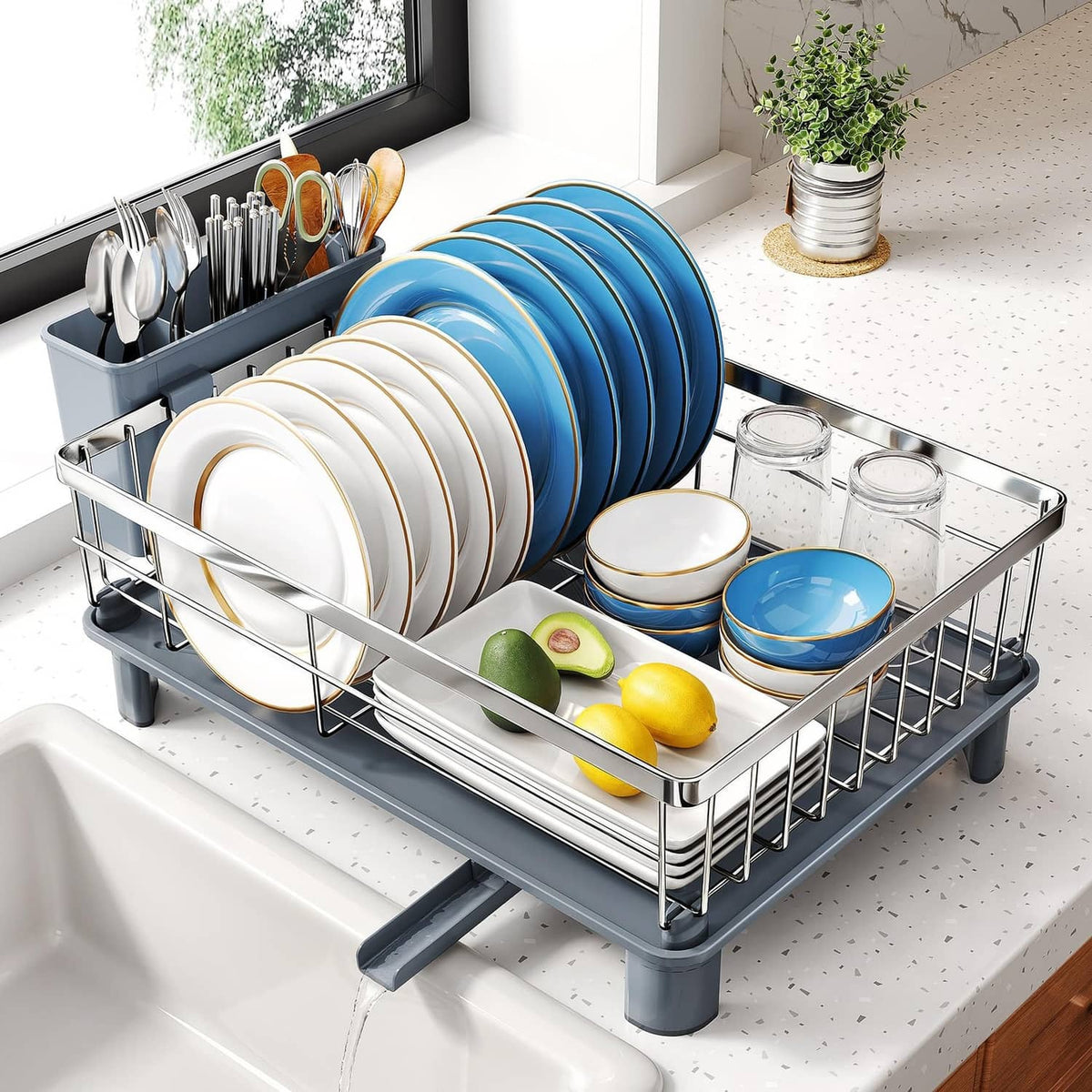 Small silver dish drying rack with wire shelf and side utensil holder