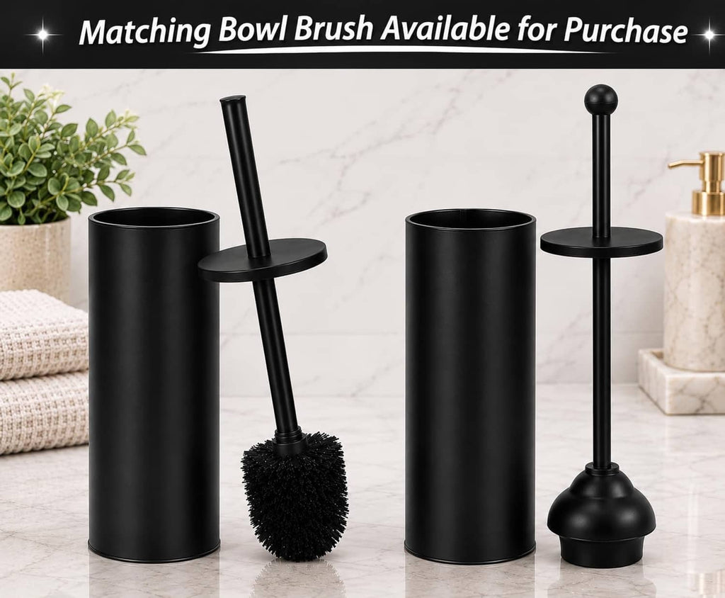 Set of matte black toilet plungers with cylindrical holders and round suction heads