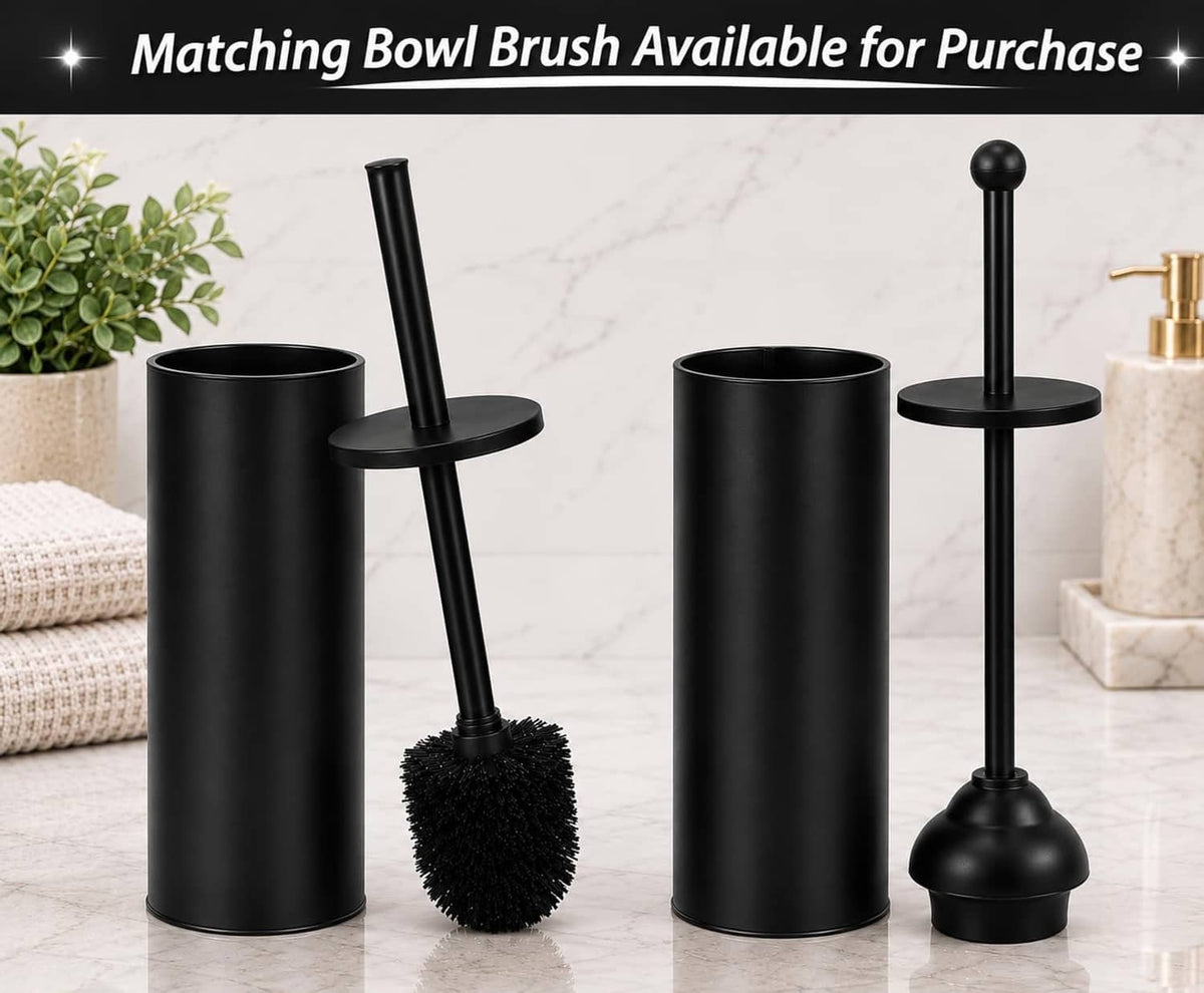 Set of matte black toilet plungers with cylindrical holders and round suction heads
