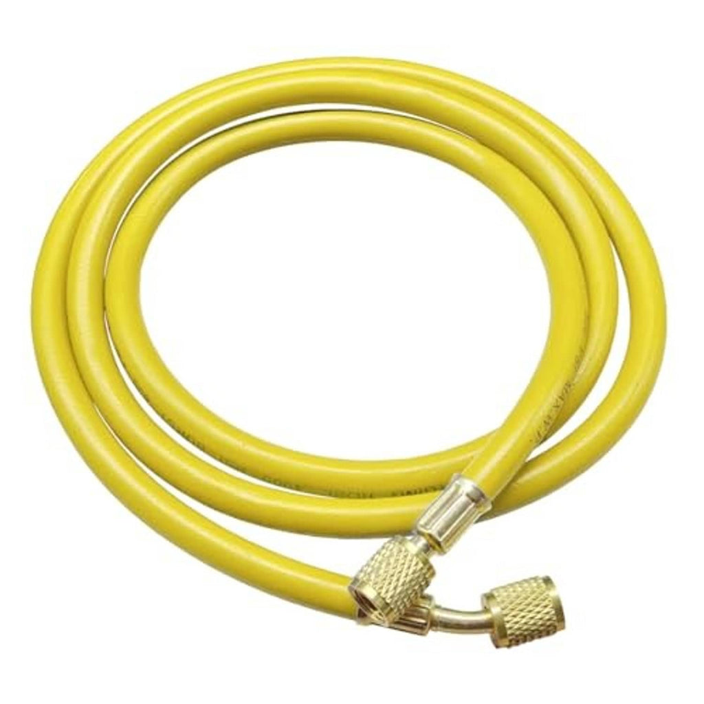 Coiled yellow refrigerant hose with brass coupling ends for AC manifold gauges