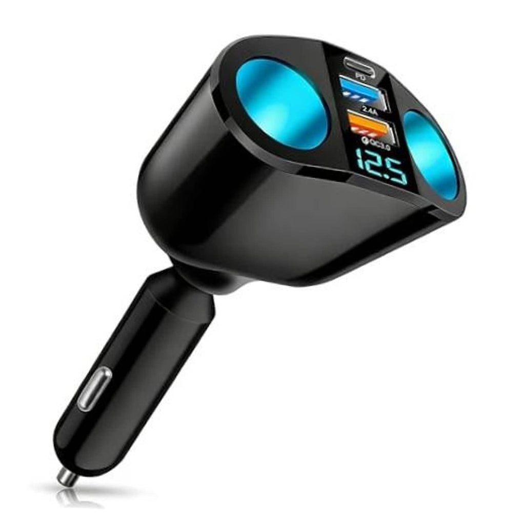 Black car cigarette lighter adapter with digital voltmeter display and twin blue ports