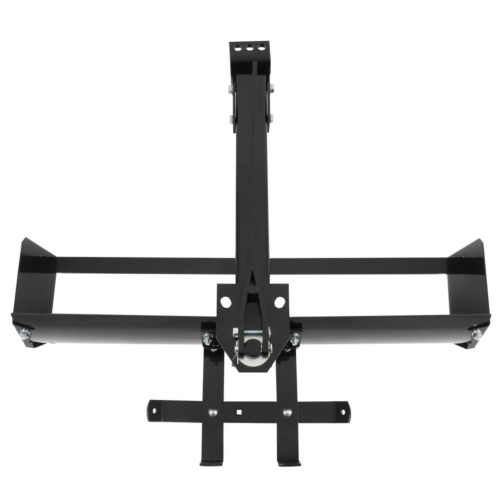 Tow-behind box scraper blade frame with center hitch plate and front crossbar