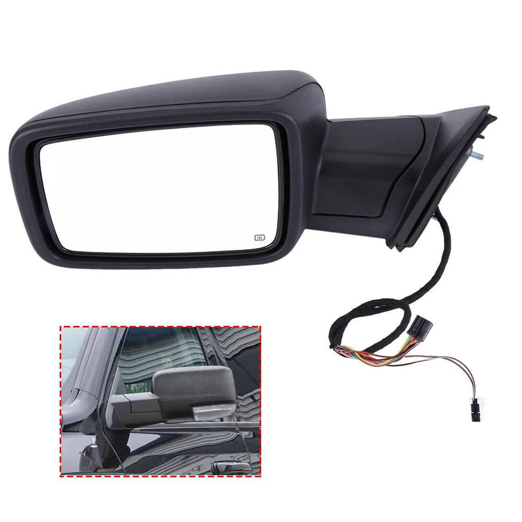 Left driver-side exterior mirror with black frame and mounted wiring harness
