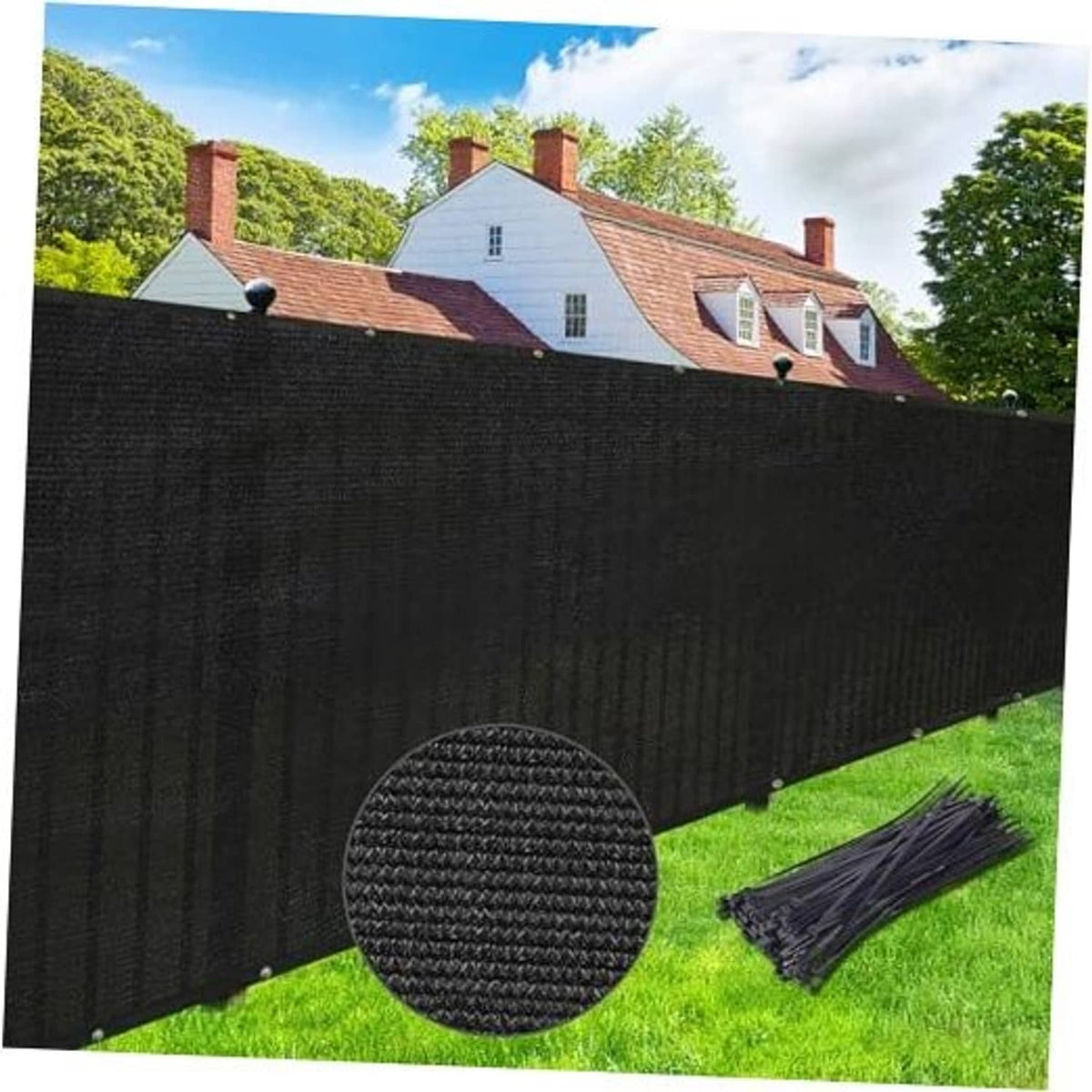 Black woven fence privacy screen with brass grommets, draped across a fence