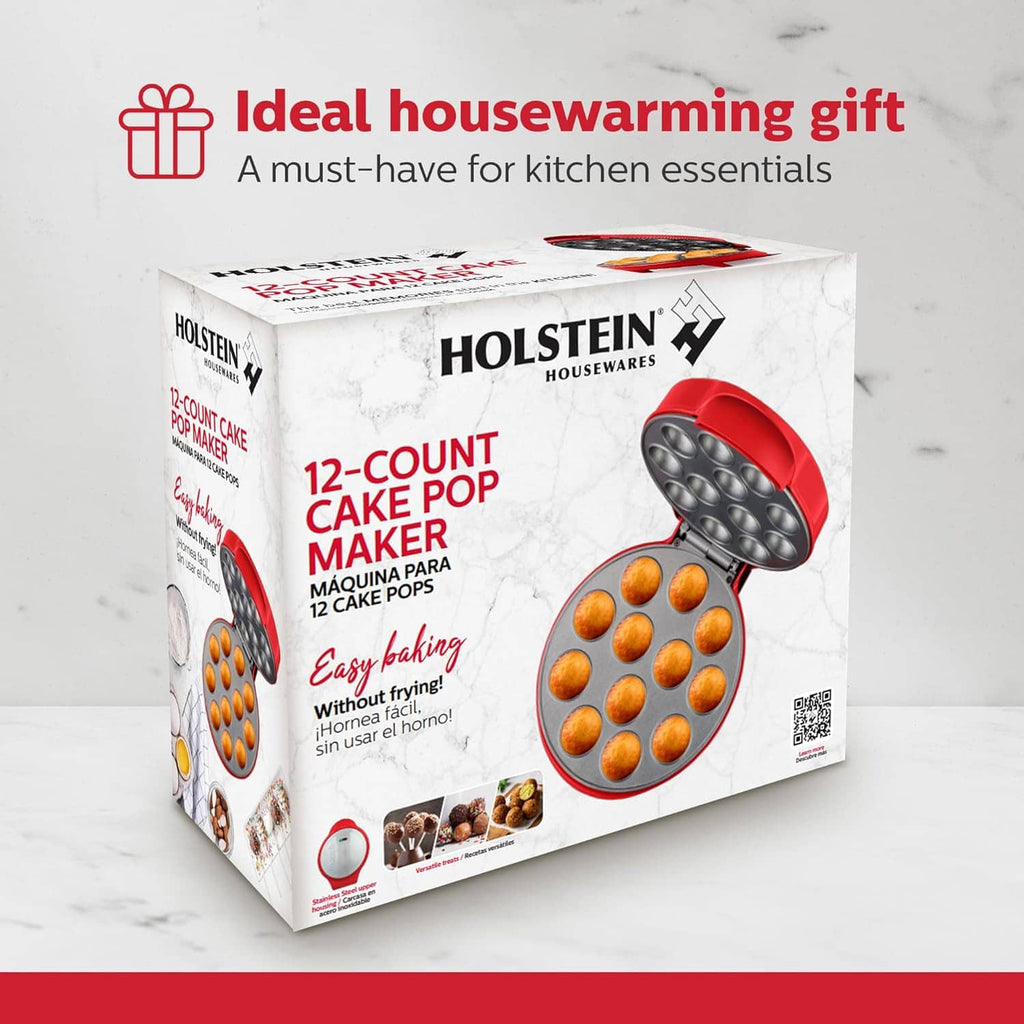 HOLSTEIN retail box for 12-count cake pop maker with red baking appliance pictured