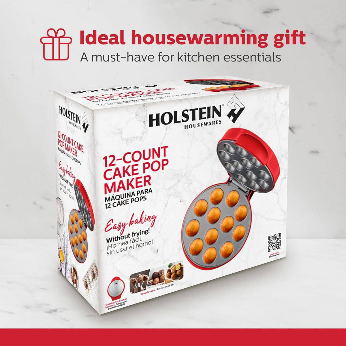 HOLSTEIN retail box for 12-count cake pop maker with red baking appliance pictured
