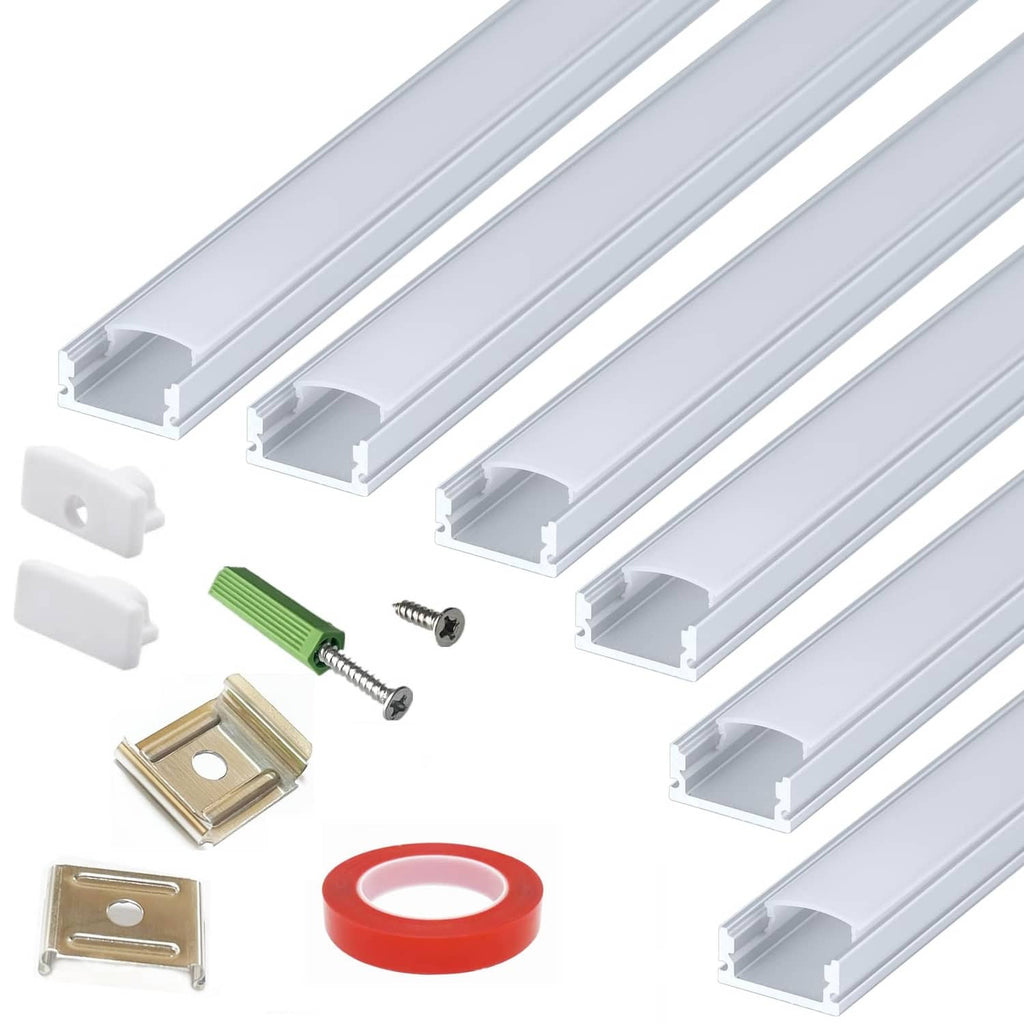 White U-channel LED strip diffuser set with end caps, screws, and mounting clips