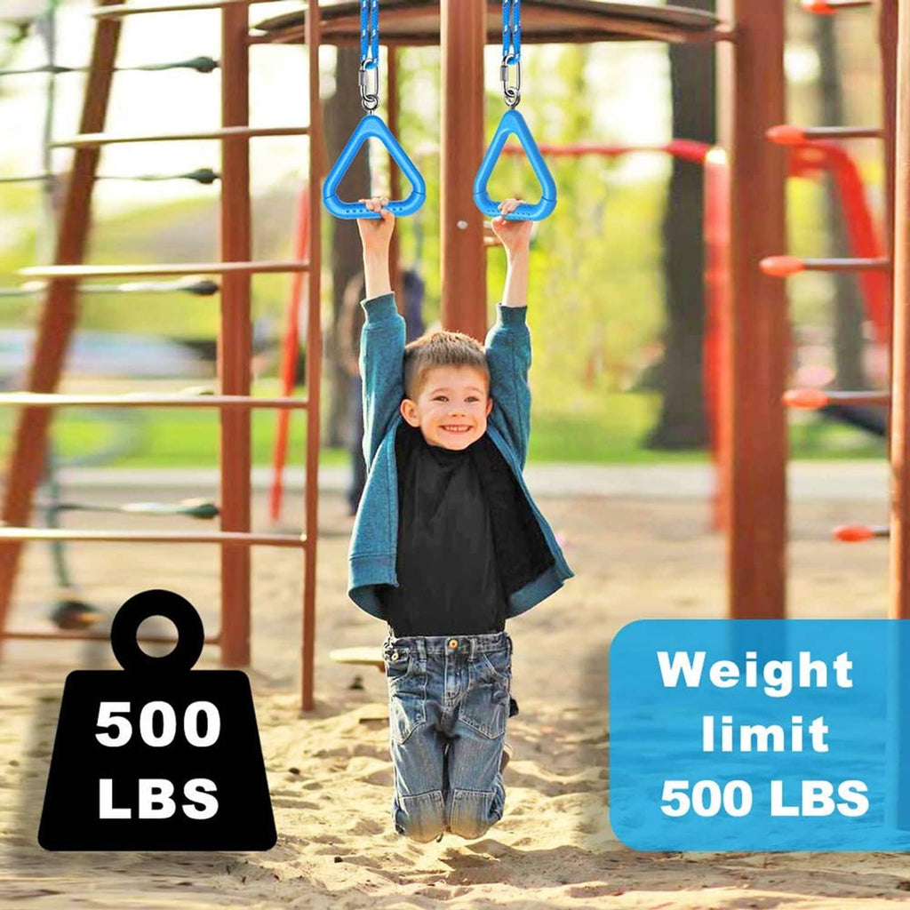 Blue trapeze swing bar ring set on outdoor playground with weight limit signage