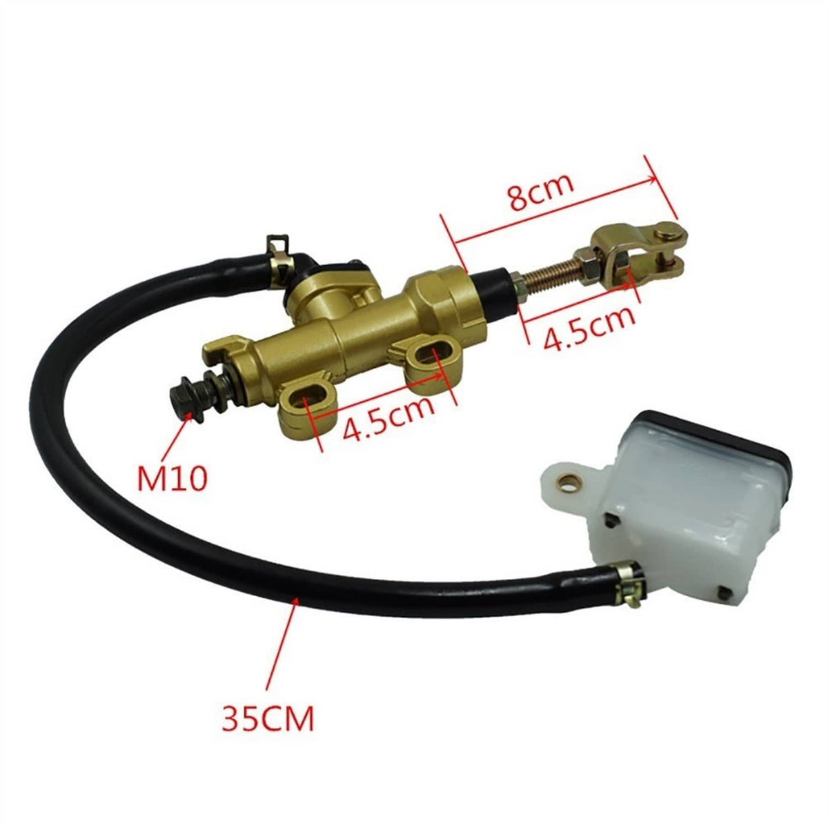 Gold rear brake master cylinder pump with black hose and white reservoir box