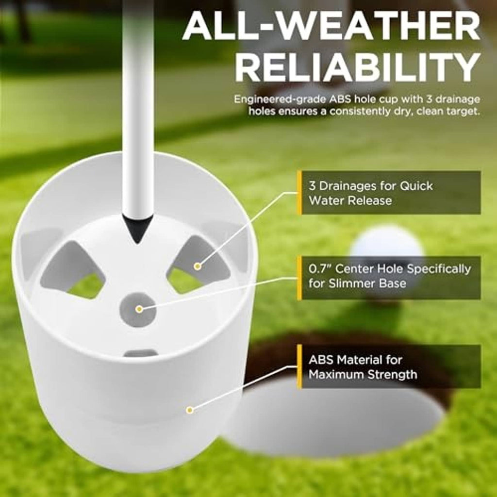 White ABS golf hole cup with drainage openings and attached pole base
