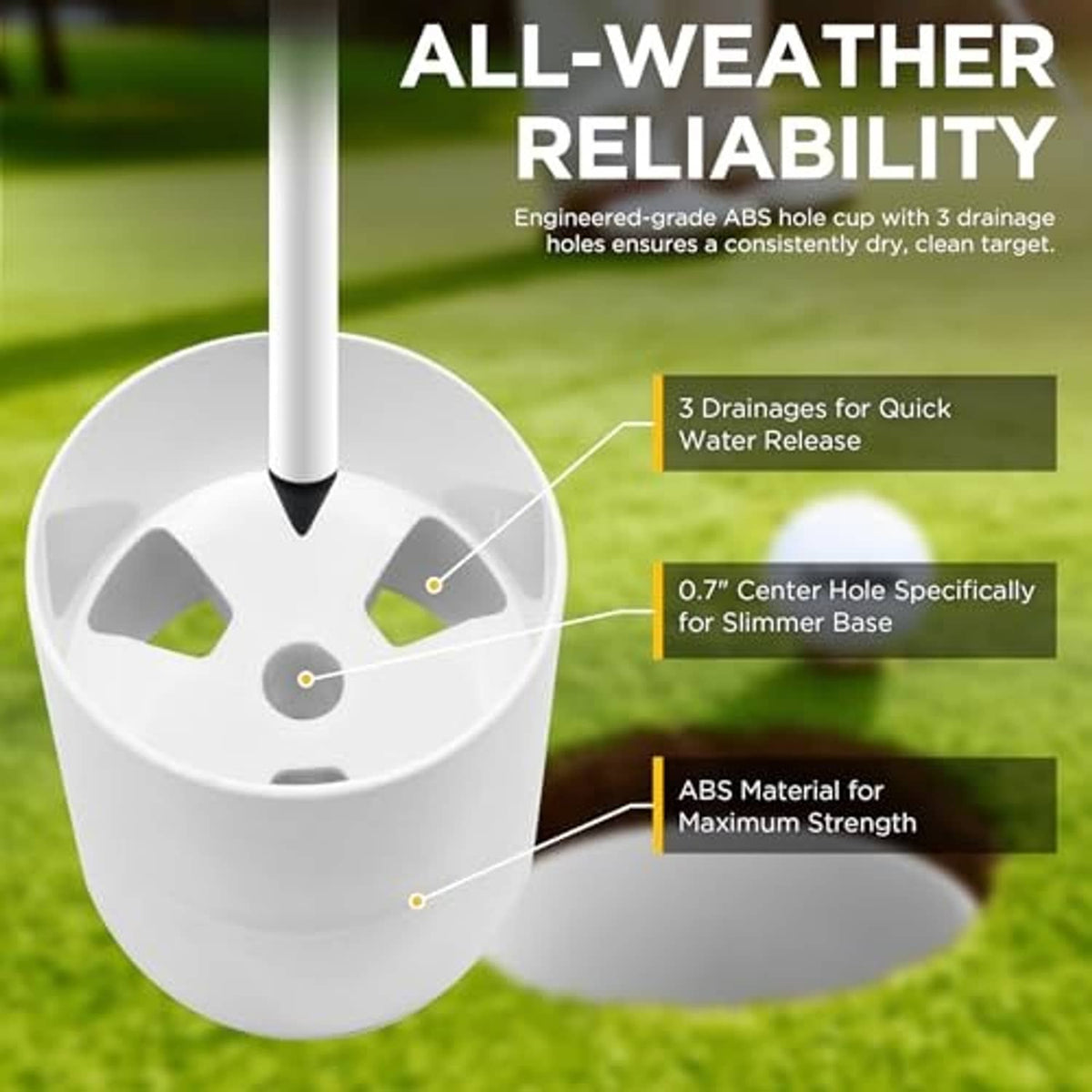 White ABS golf hole cup with drainage openings and attached pole base