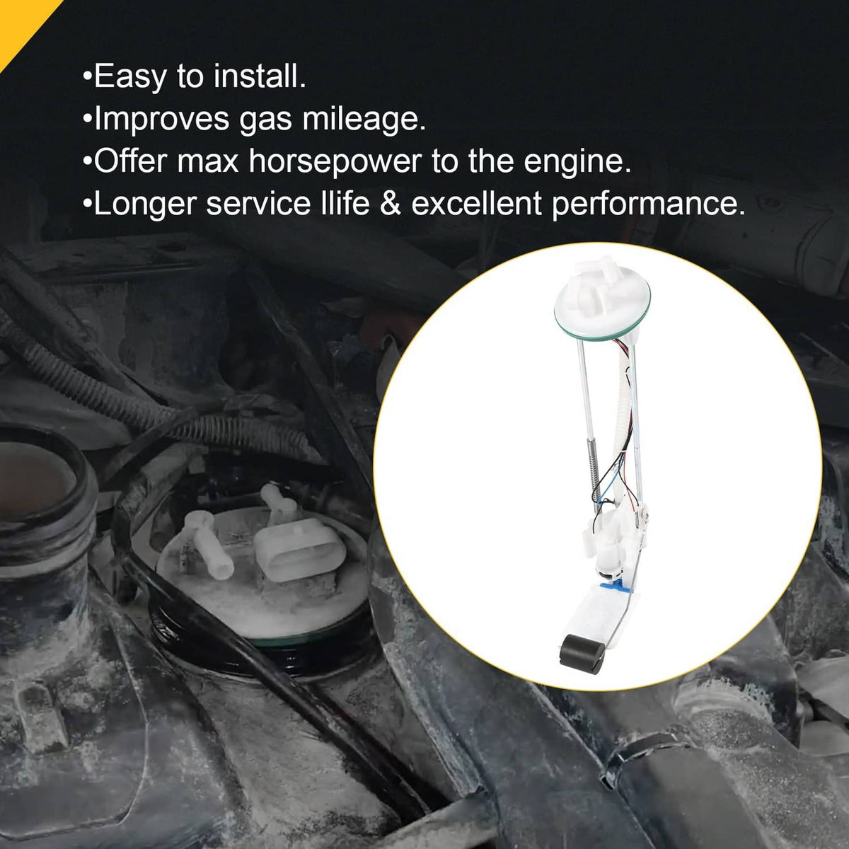 Fuel pump assembly with float fuel sensor and wiring in white plastic housing