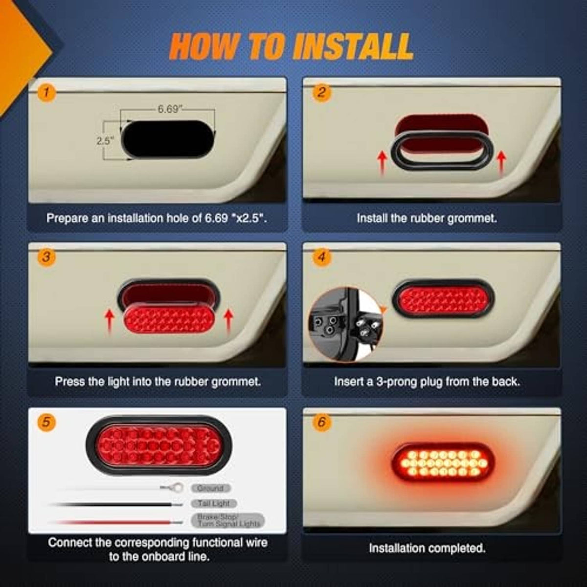 Oval red 24-LED trailer light installed on vehicle panel with wiring connection