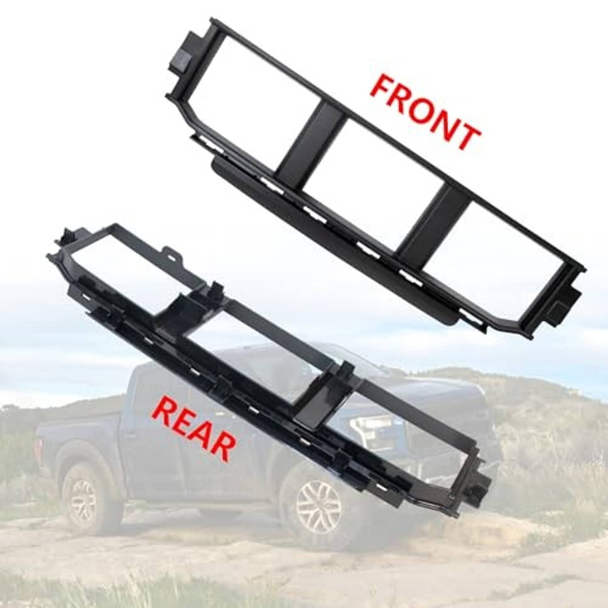 Front and rear grille insert parts shown as black plastic frames with tabs