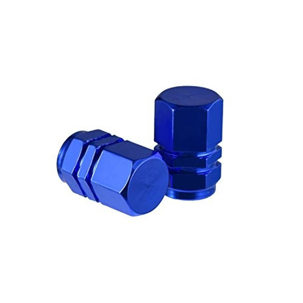 Blue hex aluminum tire valve stem caps, front and angled view