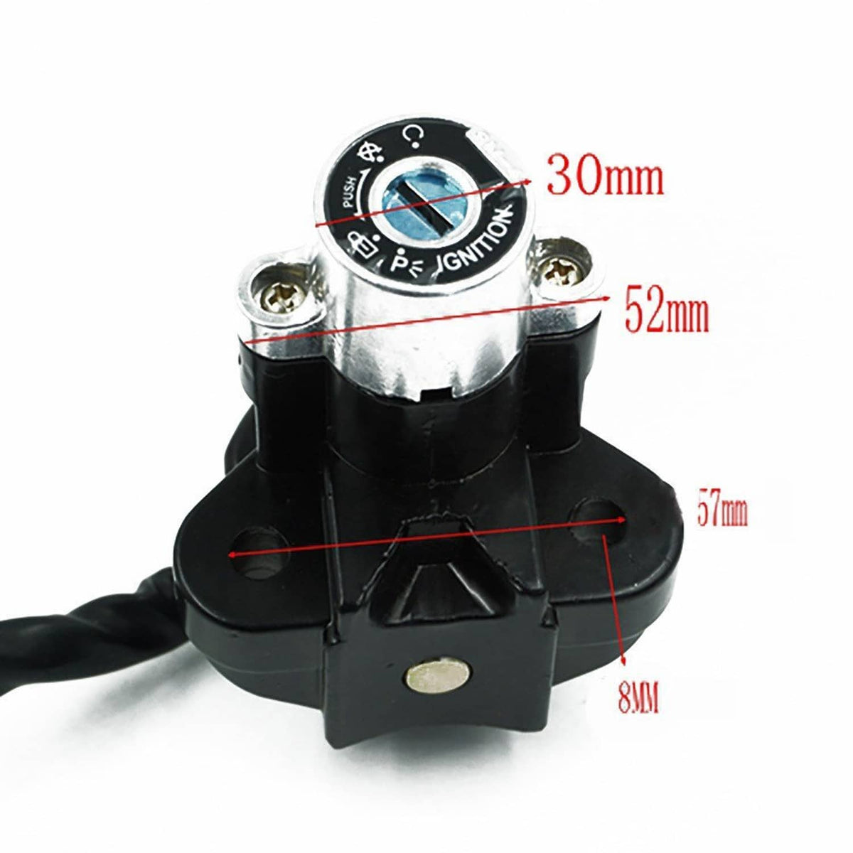 Ignition switch lock cylinder with round dial face, black housing and mounting tab