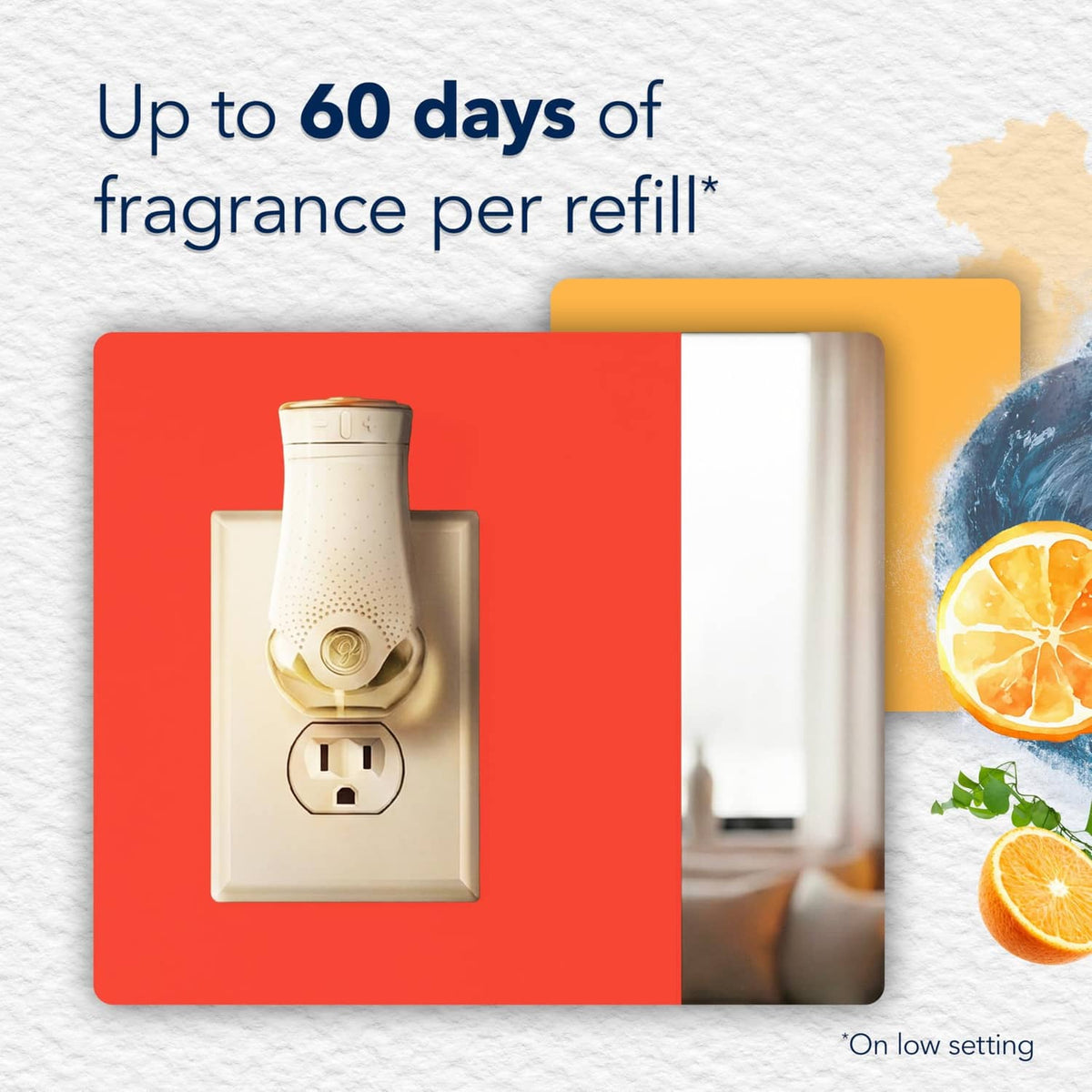 Glade PlugIns refill shown with plug-in warmer and coastal sunshine citrus scent