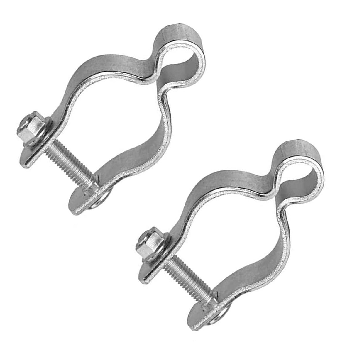 Galvanized U-shaped gate hinge clamps with threaded rods and nuts, pair.