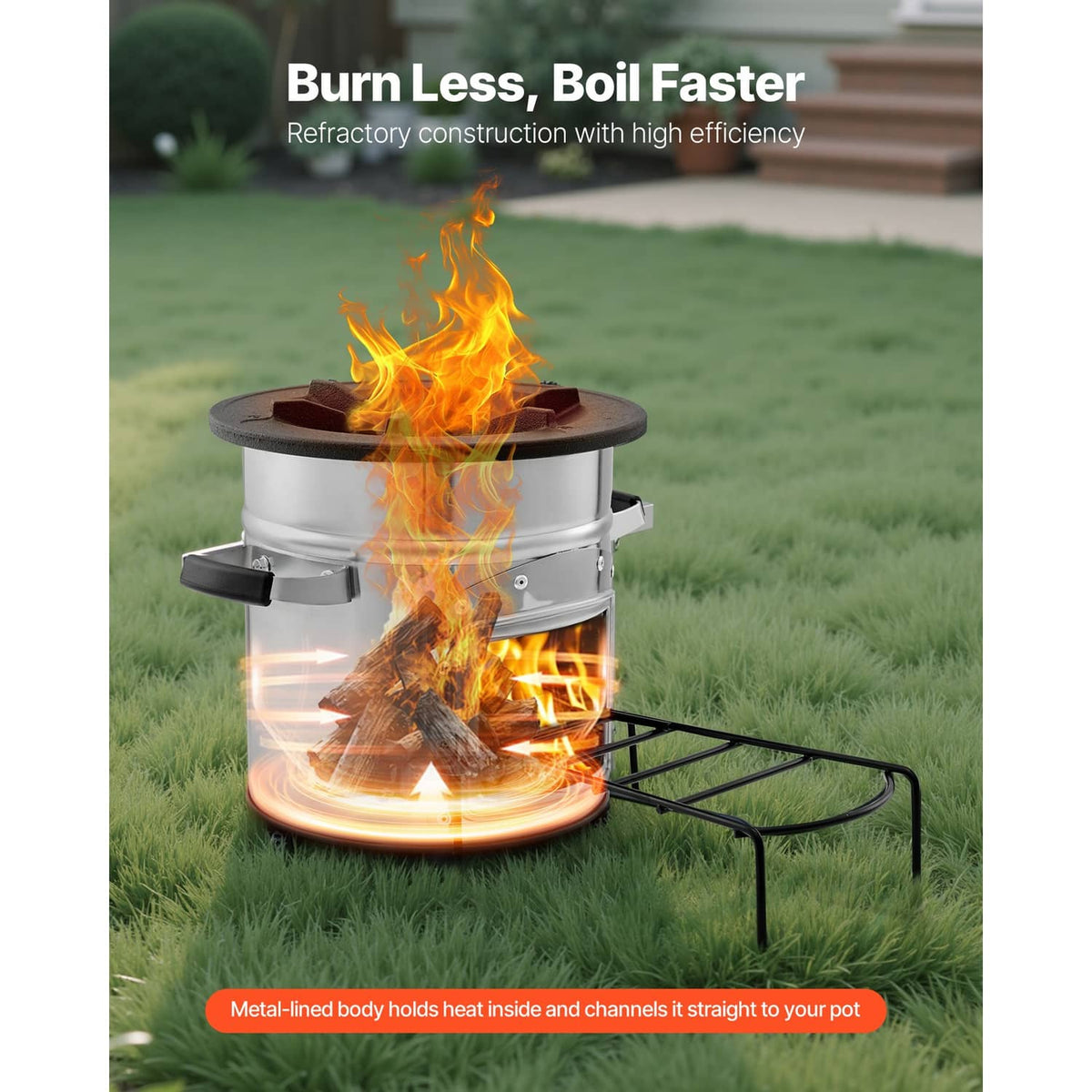 Rocket stove with bright flames in front chamber and black folding grill stand