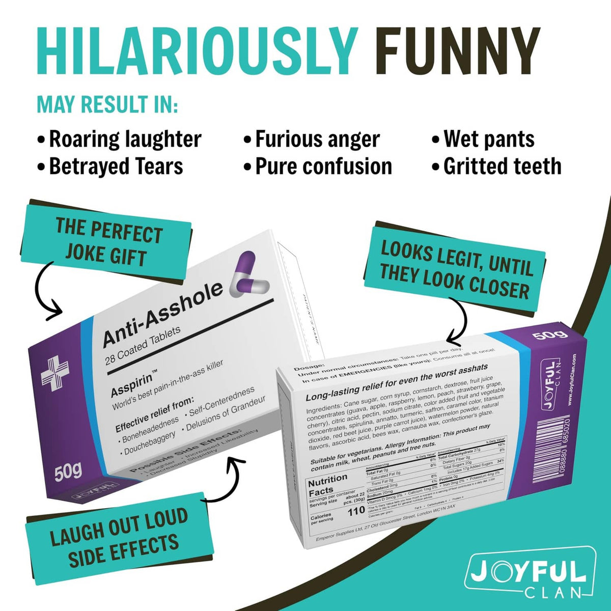 Funny joke pill box packaging with purple-blue label "Anti-Asshole" and tablet info