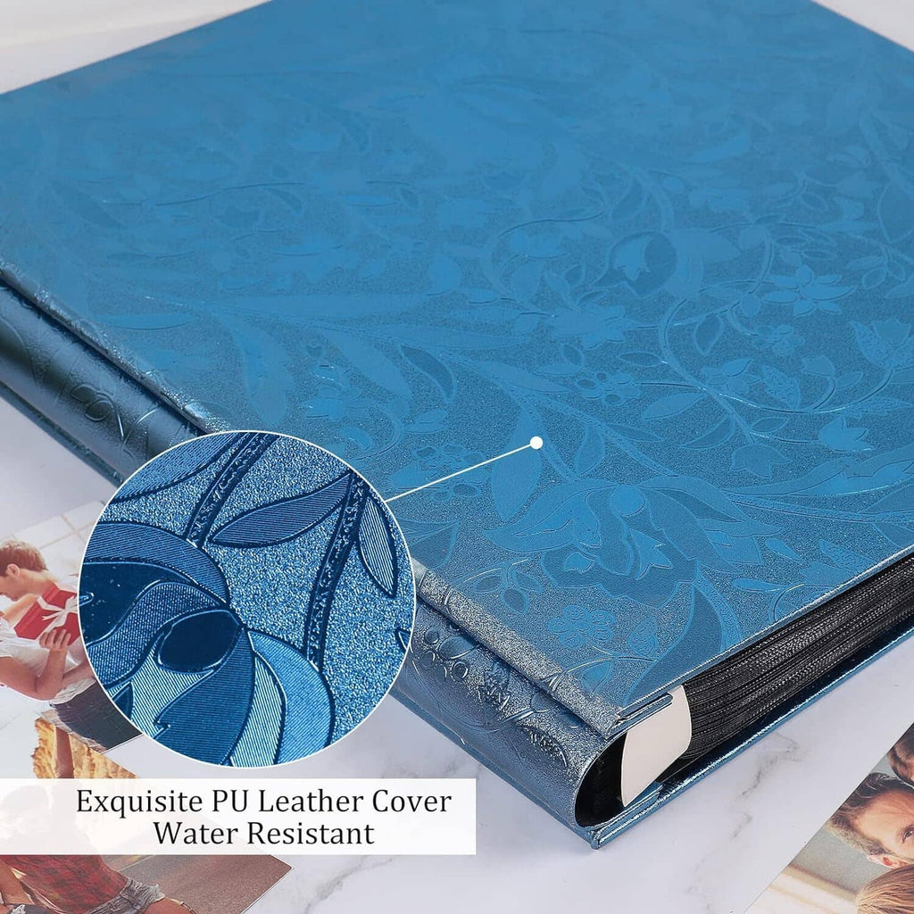Close-up: blue PU leather-look album cover with black spine and corner.